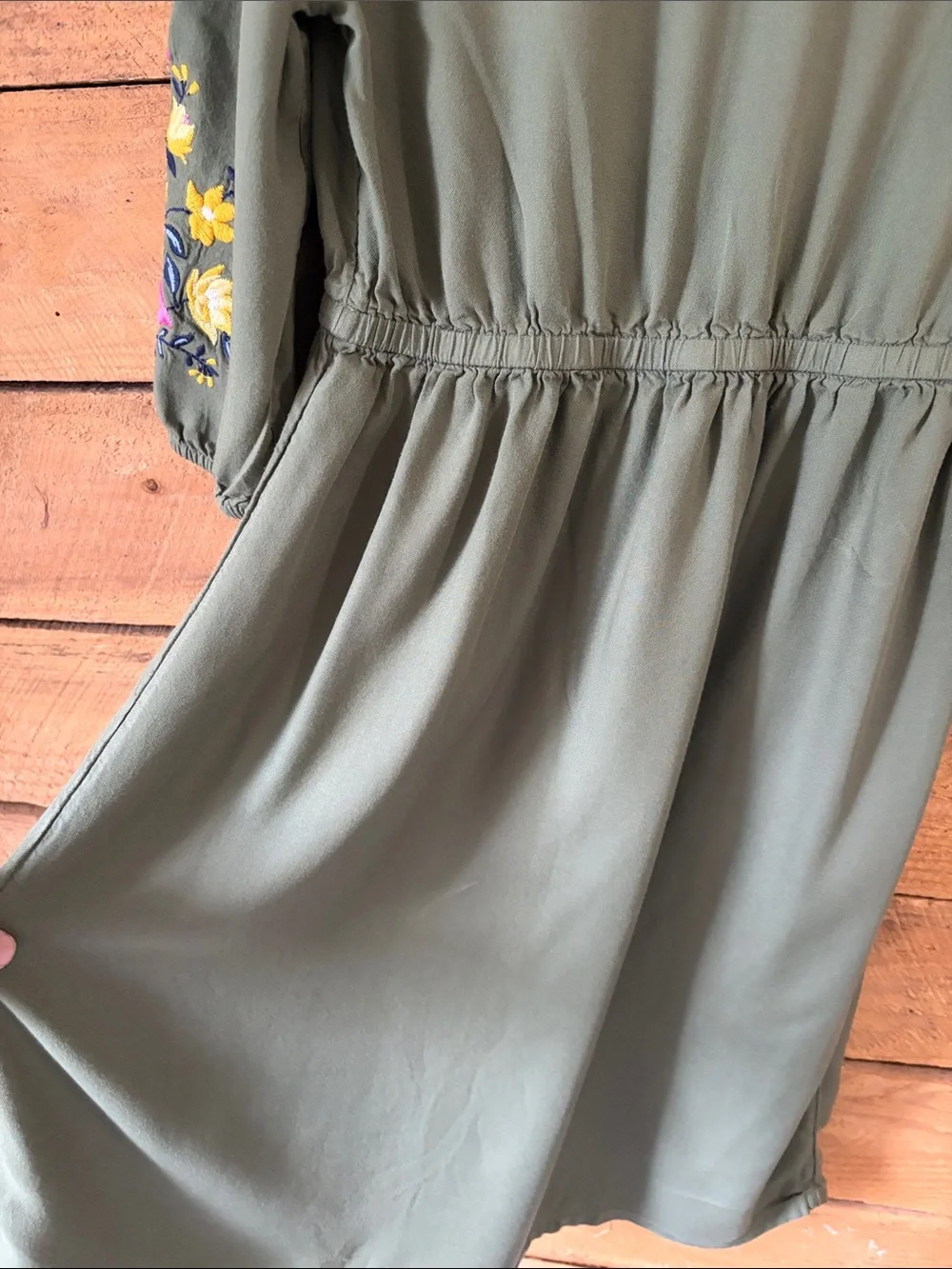 Old Navy Olive Green Dress with Pink and Yellow Floral Embroidery